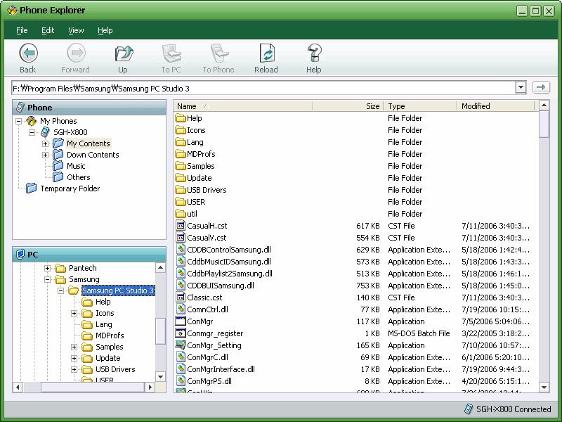 6.3. Folders and Files View The Tree View on the left of the Phone Explorer main screen is divided into a Phone area and a PC area. The folders for each area are displayed in a tree structure.