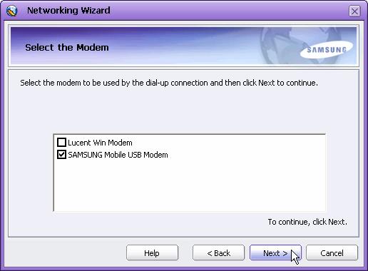 5 In the following Select the Modem window, check the modem
