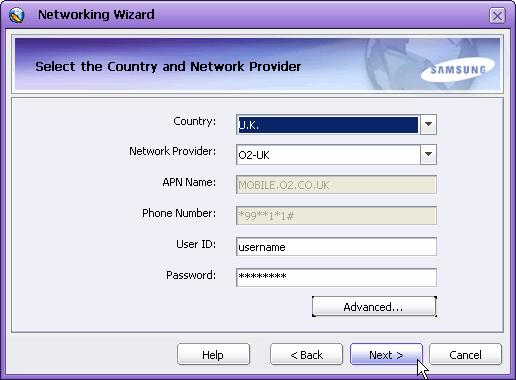 6 In the following Select the Country and Network Provider window, select the country and the communications service provider and click the Next button.