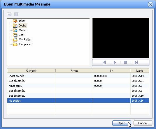 5 Click the Open button. The extension used for multimedia messages saved in the PC is.mms. 8.5. Saving Multimedia Messages MMS Composer allows you to save multimedia messages to the Phone or to the PC.