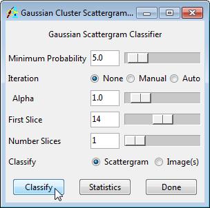 Choose Scattergram & Classified from the drop-down menu below the far right pane of the Scattergram window to view the Gaussian class boundaries derived from the samples (figure 4). 10.