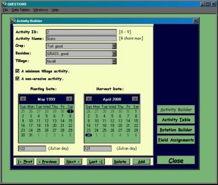13 Figure 6: Visual Basic form for building activities After entering all activities the user can display the activities in summary form as a data table and simultaneously view the rotation builder,