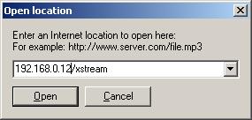 7.1.9 STEP 9 Enter the IP address of your Annuncicom IC followed by /xstream. Example: 192.168.0.12/xstream Hit the Open button. 7.1.10 STEP 10 WinAmp will open the stream and buffer it.