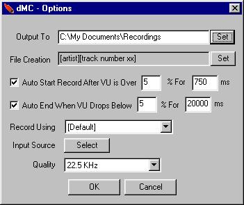 DMC Auxiliary Input Options Where to save files What to name files Auto start/stop Quality does