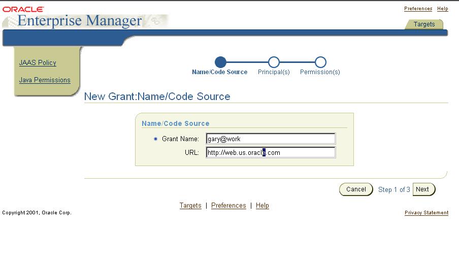 Using the Oracle Enterprise Manager Interface with the JAAS Provider 3. Choose Delete. Creating a New Grant Entry To create a new grant entry: 1. Choose JAAS Policy from the tab on the left.