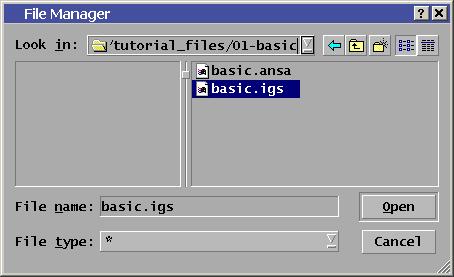 Now read in the IGES data from FILE>OPEN. The File Manager window appears. Navigate and select the IGES file basic.igs.