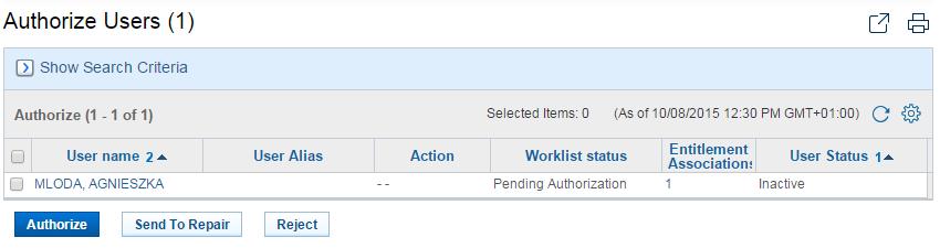 In order to authorize the User and check their details, select the appropriate record from the Authorize worklist and click the field with a hyperlink (in this case: the surname and name of the User)