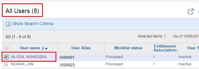 To modify an existing User please select the User on the All Users worklist (refer to the example below).