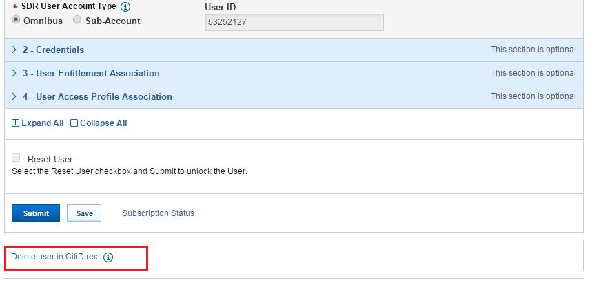 After entering the view of User details, select Delete User in CitiDirect option.