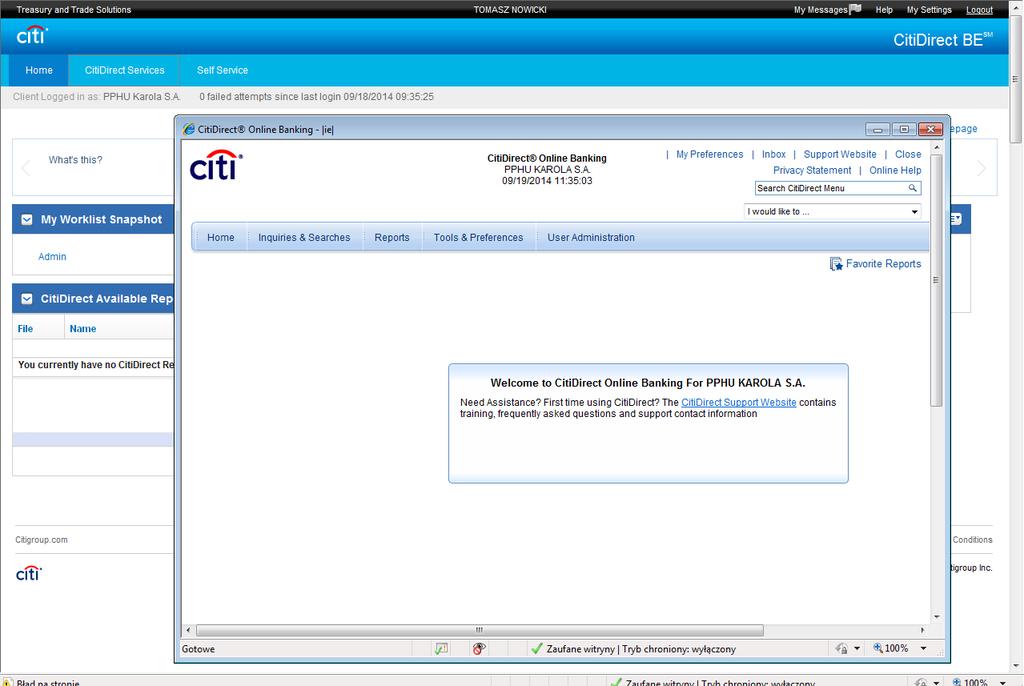To begin, after logging into CitiDirect BE Portal click on the CitiDirect Services tab in the main menu this will launch the CitiDirect application, which will open in a separate window. NOTE!