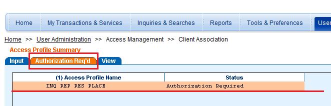 Next, go to the Authorization Req d tab, where the list of profiles awaiting authorization will be displayed.