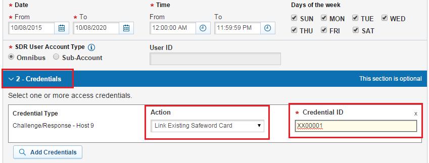 Credential Type: SafeWord card After you complete section 1, section 2 will become active. Expand the Credentials section and select Link Existing Safeword Card in the Action drop-down menu.