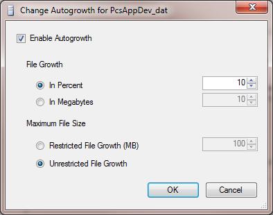 5 Complete the following steps to set Autogrowth properties for the database (_dat) and log (_log) files: a b c d e f Click the ellipsis button in the Autogrowth column of the database _dat file to