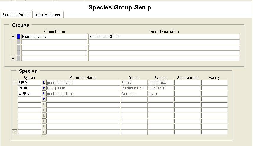 Chapter 7: Reports Common Stand Exam Users Guide A personal species group can be created or edited from this form. To create a list, enter group name and description the upper box.
