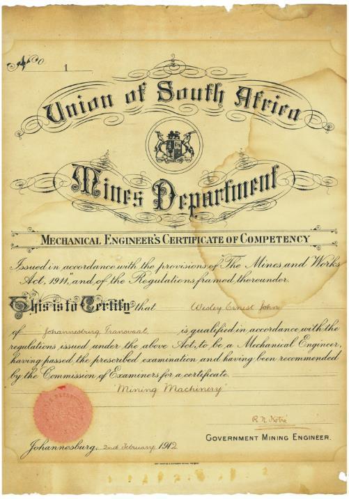 THE HISTORY OF THE CERTIFICATED ENGINEER 10 1911 the Union Parliament passed the Mines and Works Act.
