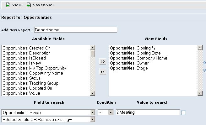 Enter the name for the report. 3. To select the fields to be displayed, select them in the Available fields column. Click the righthand double arrows. The fields are now in the View Fields column. 4.