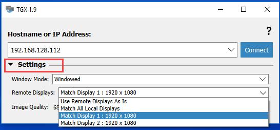 REMOTE DISPLAYS SETTINGS Figure 5: Window Mode Settings USE REMOTE DISPLAYS AS IS This setting will not attempt to configure the displays. The existing configuration on the remote system will be used.