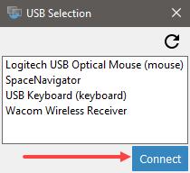2. Select the desired USB device from the list. 3. Click Connect. A plug icon will indicate if the connection was successful.