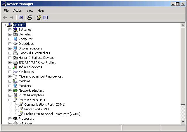 Figure 2: Microsoft Windows XP device manager showing correct installation of USB-toserial cable.