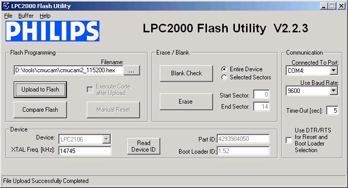 Figure 3: Philips Flash Utility after successful upload of the hex image onto the CMUcam.