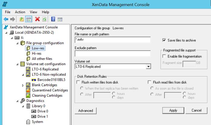 36 Administering the System 3.2.2.2 Selecting Storage Options for a File Group To Select Storage Options for a File Group 1. Open the XenData Management Console. 2. Navigate to the File group. 3. Determine whether files in the File Group are to be saved to data cartridges in a Volume Set.