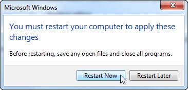 f. The warning message displays: You must restart your computer to apply these changes. Click Restart Now.