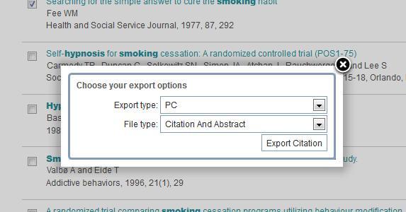 Make sure you chose Abstract and citation from the dropdown menu, select file type (PC or Macintosh or Unix or Linnux ) as appropriate, and click go / export citation to create a plain text file