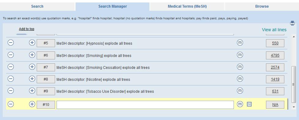 Carry on searching for the MeSH terms for your other keywords: smoking, tobacco, nicotine. Add to search manager each time.