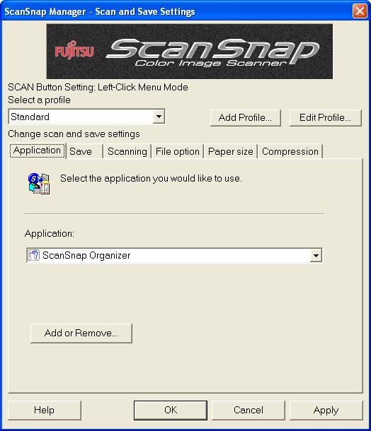2. Select ScanSnap Organizer" from the Application drop-down list on the "Application" tab. Depending on the ScanSnap model you are using, the setting dialog box may differ from the image above.