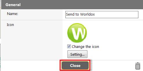13. In the Output settings dialog s General section, the Worldox icon now appears as a new output method. Click Close.