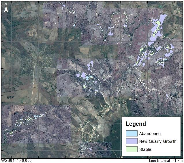 Figure 12. Final map of quarry footprint polygons showing stable, abandoned and newly quarried areas. RESULTS In 2008, quarries in the study region comprised an area of 411,211 m 2.