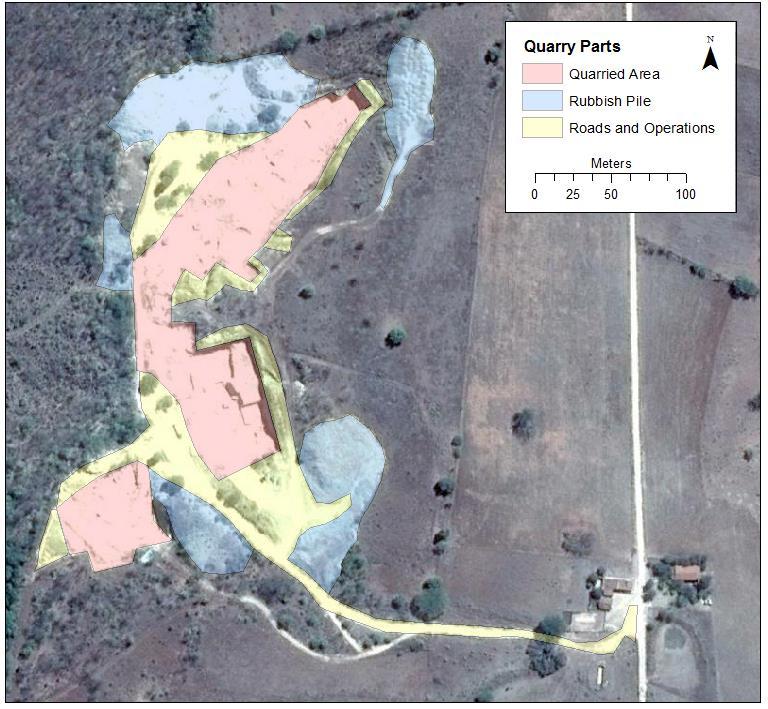 Figure 6. Google Earth 2016 satellite imagery of the same area as Figure 5. Areas of active quarrying, operations and rubbish piles are easily resolved.