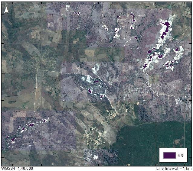 Figure 11. Raster of the intersection between R1 and R2. These are the areas of quarries that have remained stable over the past eight years.