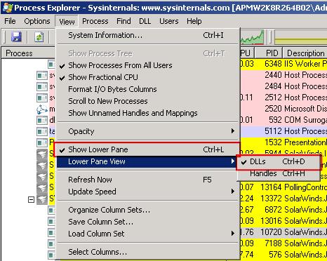 In Process Explorer, navigate to View > Show Lower Pane. Then, navigate to View > Lower Pane View > DLLs. 2.