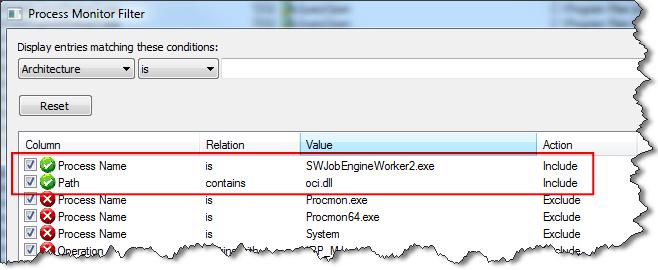 Configuring and Integrating Oracle 31 1. Add the following conditions: Process Name equals SWJobEngineWorker2.exe. Path contains oci.dll. 2. Click OK. 3. Restart the JobEngine v2 service and wait for it to fully restart.