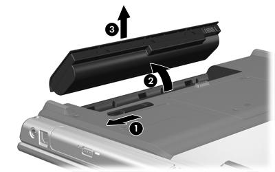 To remove a battery pack: 1. Turn the computer upside down with the battery bay to the left. 2. Slide the battery pack release latch (1) to release the battery pack. 3.