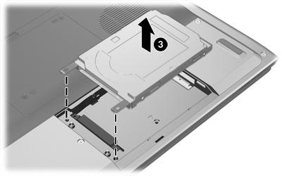 7. Disconnect the hard drive (2) by sliding it to the right. 8. Lift the hard drive away from the computer (3). To install a hard drive: 1.