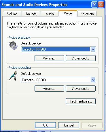 In the Voice tab choose the Eutectics Device (IPP200 in the above example) as the Playback and Recording - also click on the Volume Button and adjust the master volume to the highest