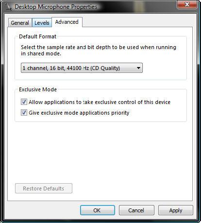 Vista or Windows 7 Users Windows Vista has some additional settings required for proper operation of the Eutectics Devices. The microphone device must be configured as default STEREO capture mode.