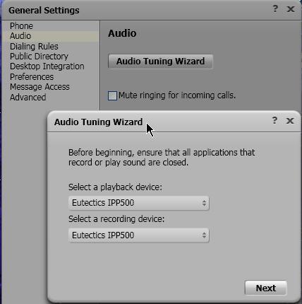 Step 4: Configure the Avaya Softphone software to use the IPP Phone. 1. Open the Avaya Audio Tuning Wizard by clicking on the Audio toolbar and choosing Tuning Wizard form the Menu. 2.
