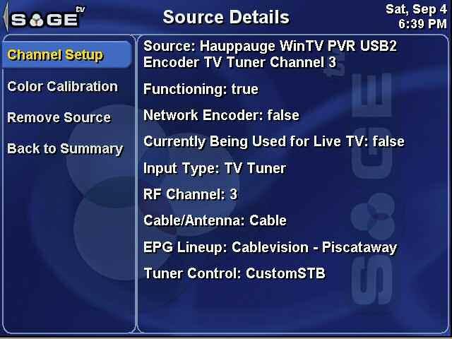 SageTV V2 User s Guide Chapter 5: Configuring SageTV Page 104 Source Details Use the Left arrow or click on to go to the Setup Wizard Summary. The top few items are status details for this source.