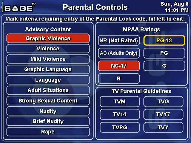 SageTV V2 User s Guide Chapter 5: Configuring SageTV Page 112 Parental Controls: Restrictions Use the Left arrow or click on to go to the