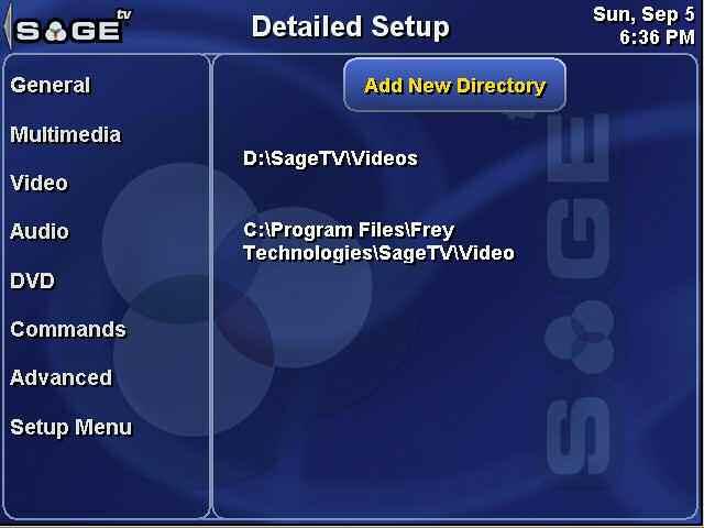 From the General Settings configuration menu, you can reach the other setup options by highlighting Multimedia, Video, Audio, DVD, Commands, or Advanced in the right-hand column.