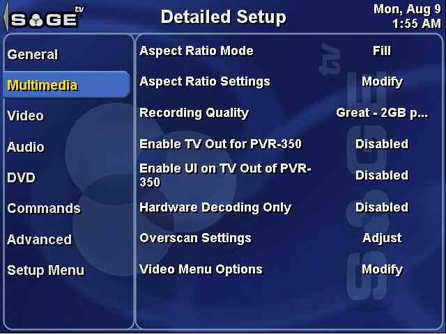 SageTV V2 User s Guide Chapter 5: Configuring SageTV Page 118 Detailed Setup: Multimedia Settings Use the Left arrow or click on to go to the Setup Menu.