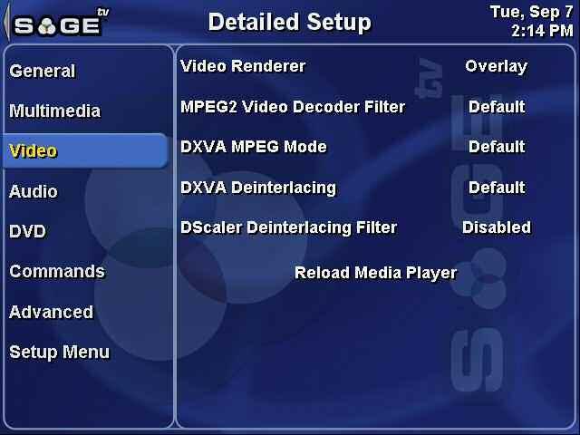 SageTV V2 User s Guide Chapter 5: Configuring SageTV Page 123 Detailed Setup: Video Settings Use the Left arrow or click on to go to the Setup Menu.