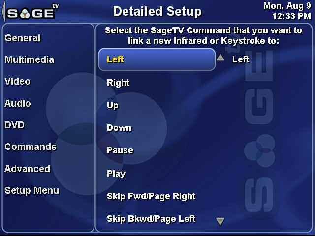 From the Commands Settings configuration menu, you can reach the other setup options by highlighting General, Multimedia, Video, Audio, DVD, or Advanced in the right-hand column.