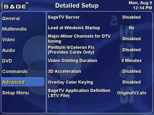 SageTV V2 User s Guide Chapter 5: Configuring SageTV Page 132 Detailed Setup: Advanced Settings Use the Left arrow or click on to go to the Setup Menu.