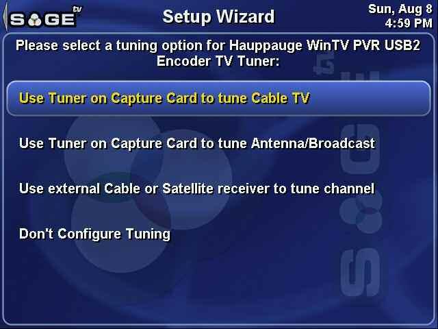 SageTV V2 User s Guide Chapter 2: Installation and Setup Page 14 1) The first step is simply to choose the tuner to configure.