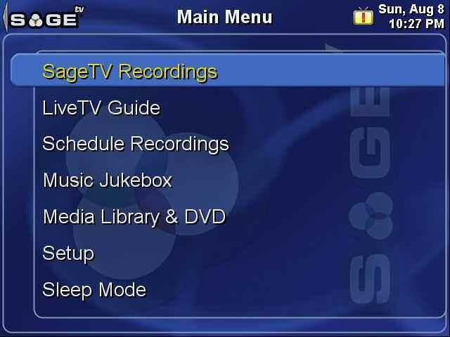 SageTV V2 User s Guide Chapter 3: SageTV Menus Page 28 Main Menu If media is currently playing, you may use the Left arrow or click on to go to the playback screen for the type of media that is