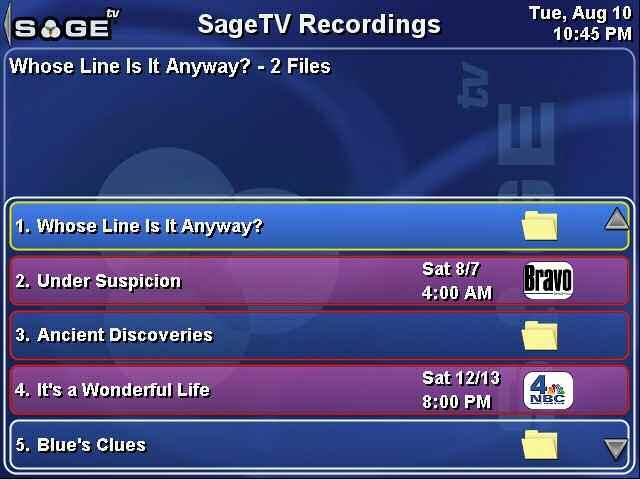 SageTV V2 User s Guide Chapter 3: SageTV Menus Page 29 SageTV Recordings Use the Left arrow or click on to go to the Main Menu.